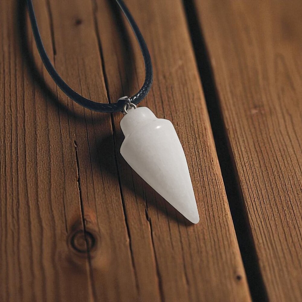 White Stone Pendant Pendulum Necklace On Black Cord Stylish Simple Design Spirit